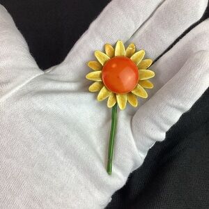 Original By Roberts Vintage Orange Enamel Daisy Flower Brooch Pin 3"